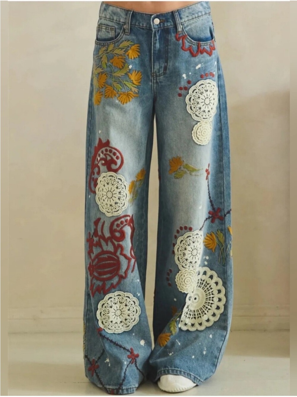 Oli & Hali Crochet Applique’ Wide Leg Jeans